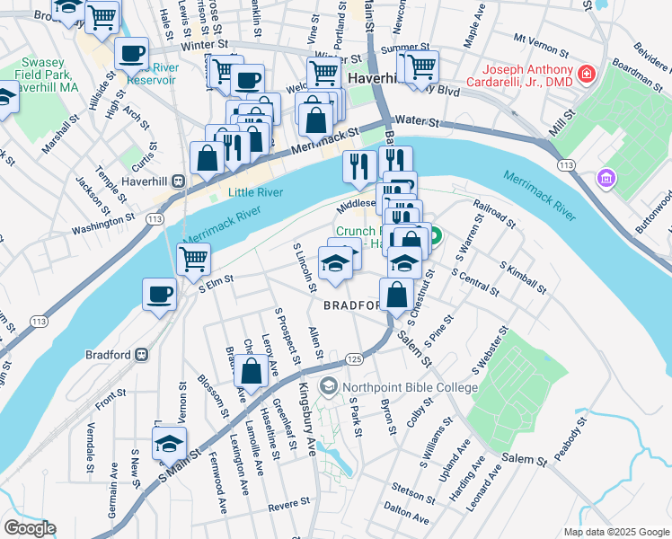 map of restaurants, bars, coffee shops, grocery stores, and more near 64 Chadwick Street in Haverhill