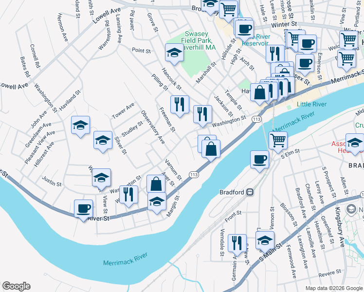 map of restaurants, bars, coffee shops, grocery stores, and more near 9 Ford Street in Haverhill
