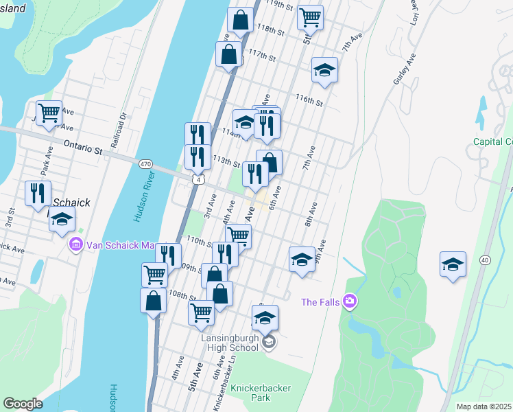 map of restaurants, bars, coffee shops, grocery stores, and more near 454 5th Avenue in Troy