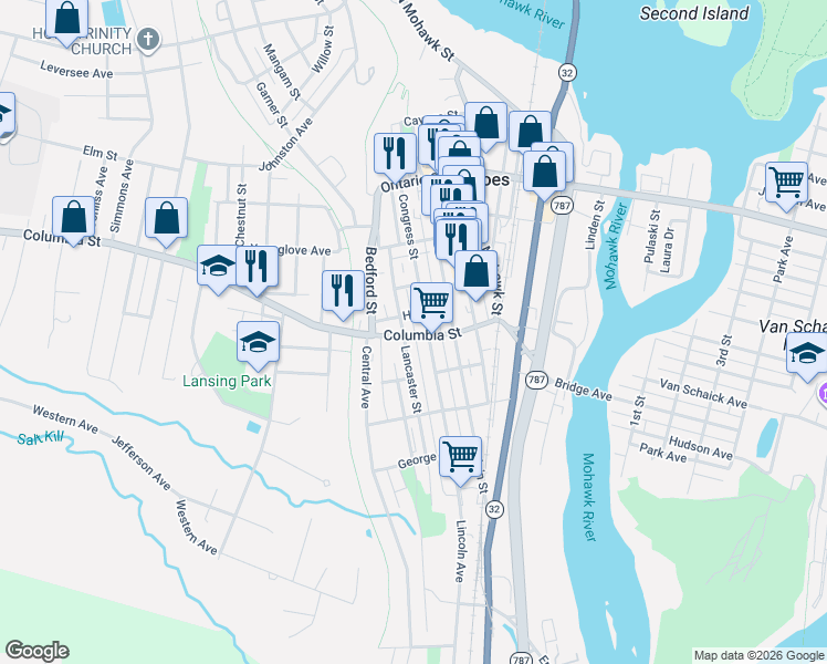 map of restaurants, bars, coffee shops, grocery stores, and more near 60 Columbia Street in Cohoes