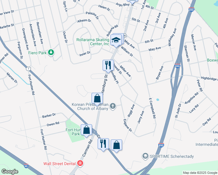 map of restaurants, bars, coffee shops, grocery stores, and more near 2945 Hamburg Street in Schenectady