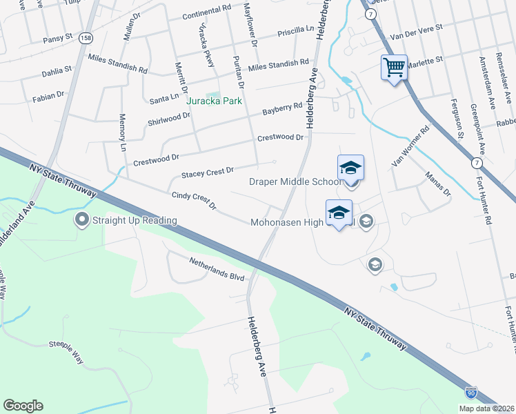 map of restaurants, bars, coffee shops, grocery stores, and more near 89 Cindy Crest Drive in Rotterdam