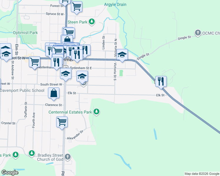 map of restaurants, bars, coffee shops, grocery stores, and more near 107 Elk Street in Aylmer