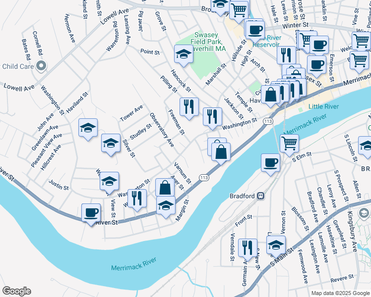 map of restaurants, bars, coffee shops, grocery stores, and more near 417 Washington Street in Haverhill