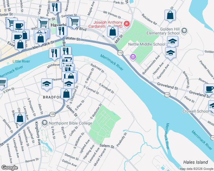 map of restaurants, bars, coffee shops, grocery stores, and more near 2 Pond Street in Haverhill