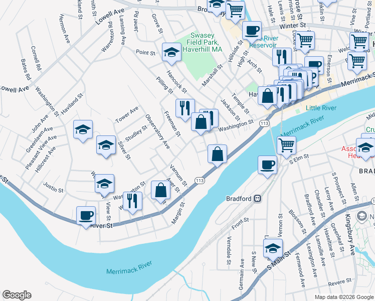 map of restaurants, bars, coffee shops, grocery stores, and more near 9 Ford Street in Haverhill