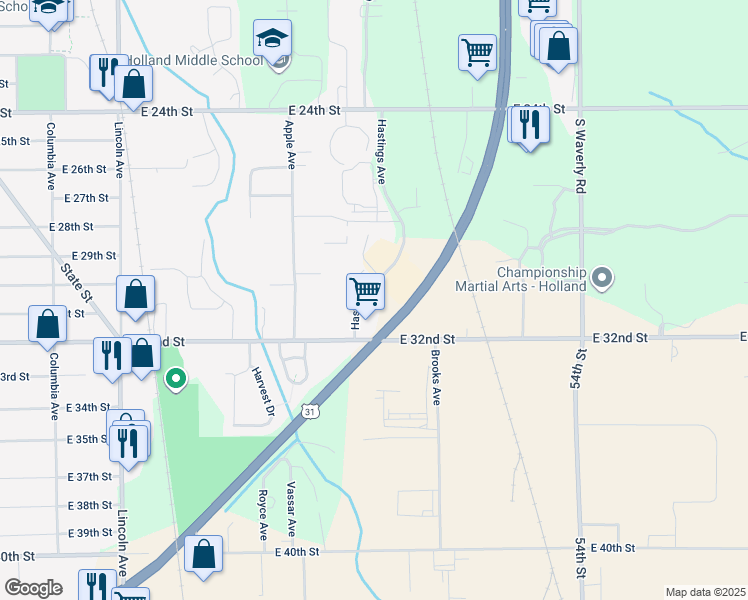 map of restaurants, bars, coffee shops, grocery stores, and more near 717 Hastings Avenue in Holland