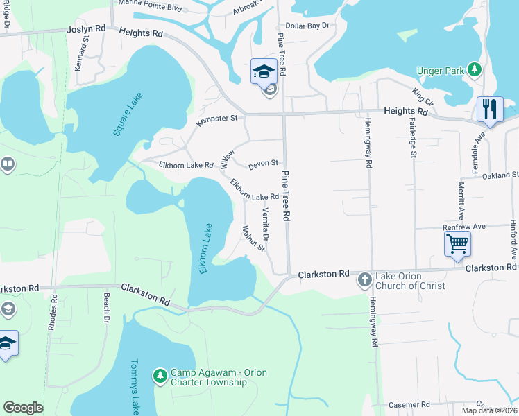 map of restaurants, bars, coffee shops, grocery stores, and more near 851 Walnut Street in Orion charter Township