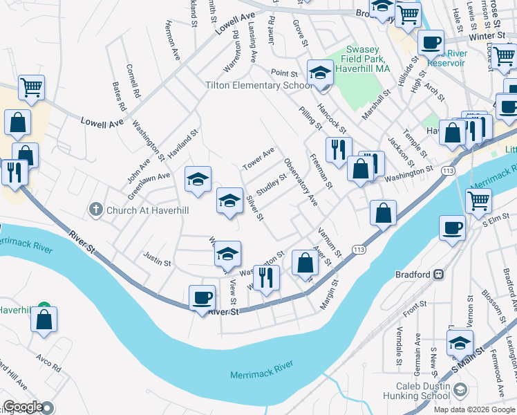 map of restaurants, bars, coffee shops, grocery stores, and more near 32 Silver Street in Haverhill
