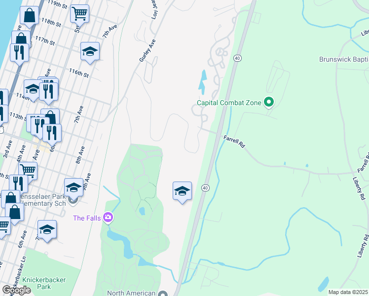 map of restaurants, bars, coffee shops, grocery stores, and more near 5 Stoneledge Drive in Troy