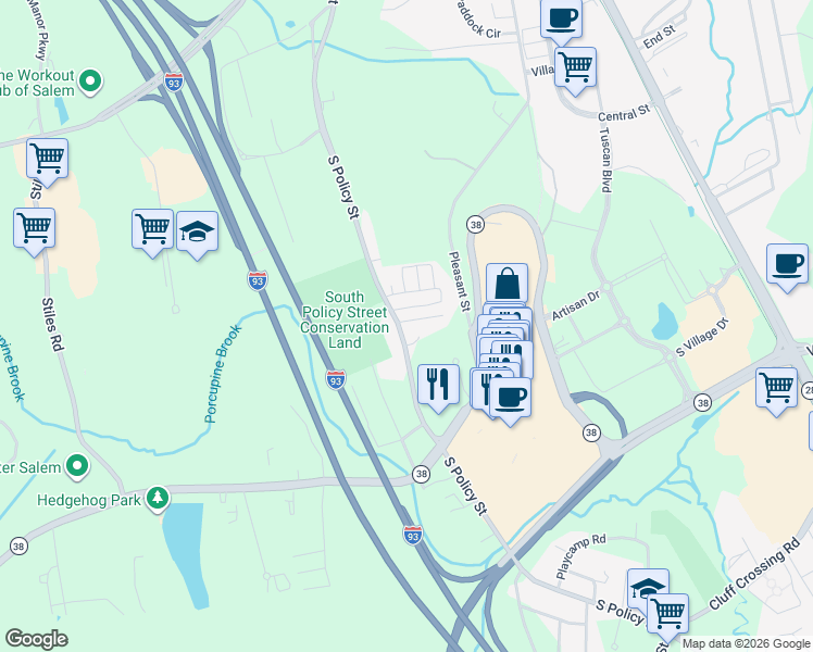 map of restaurants, bars, coffee shops, grocery stores, and more near 89 South Policy Street in Salem