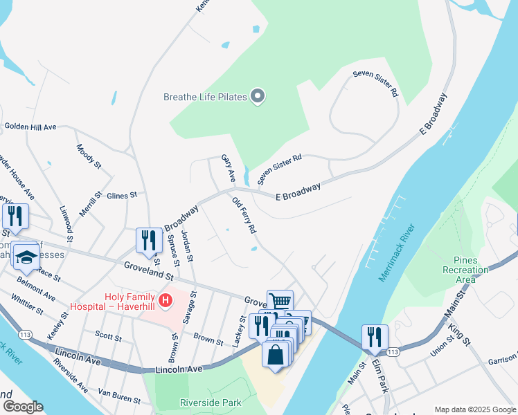 map of restaurants, bars, coffee shops, grocery stores, and more near 38 Old Ferry Road in Haverhill