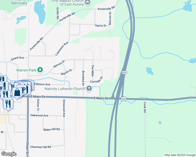 map of restaurants, bars, coffee shops, grocery stores, and more near 1231 Carriage Drive in East Aurora