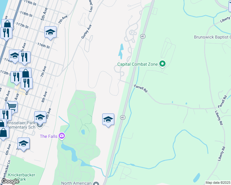 map of restaurants, bars, coffee shops, grocery stores, and more near 15 Stoneledge Drive in Troy