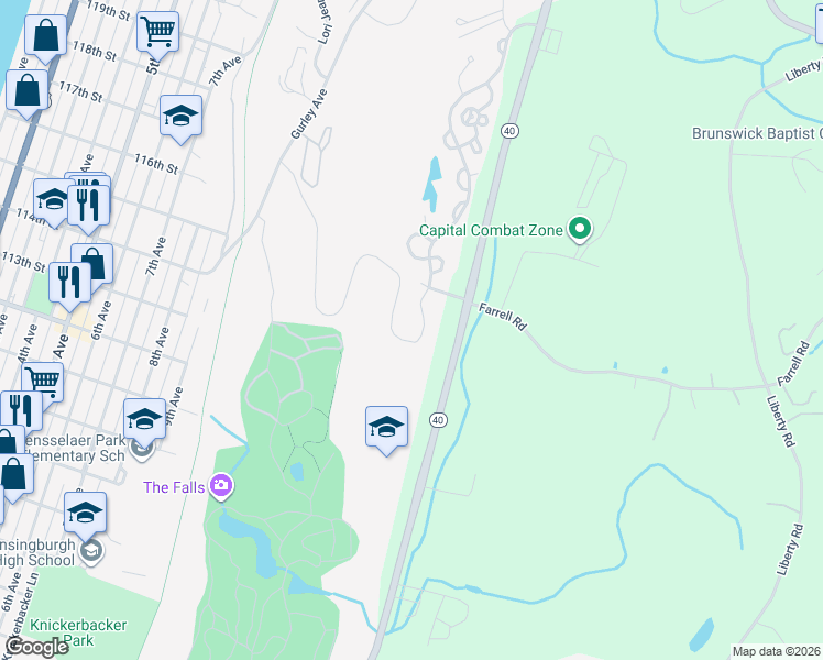 map of restaurants, bars, coffee shops, grocery stores, and more near 15 Stoneledge Drive in Troy