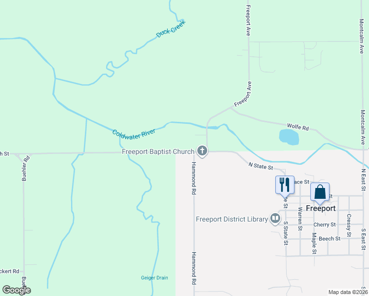 map of restaurants, bars, coffee shops, grocery stores, and more near 225 North State Street in Freeport