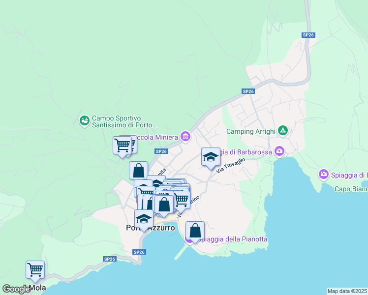 map of restaurants, bars, coffee shops, grocery stores, and more near 28 Via Ilario Zambelli in Porto Azzurro