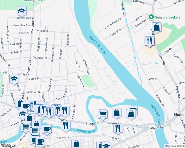 map of restaurants, bars, coffee shops, grocery stores, and more near 14 David Drive in Nashua