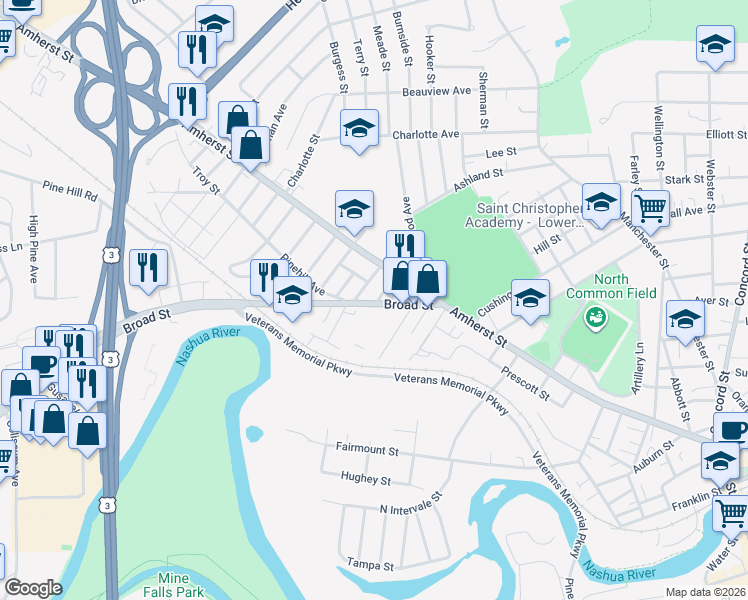 map of restaurants, bars, coffee shops, grocery stores, and more near 16 New Hampshire 130 in Nashua