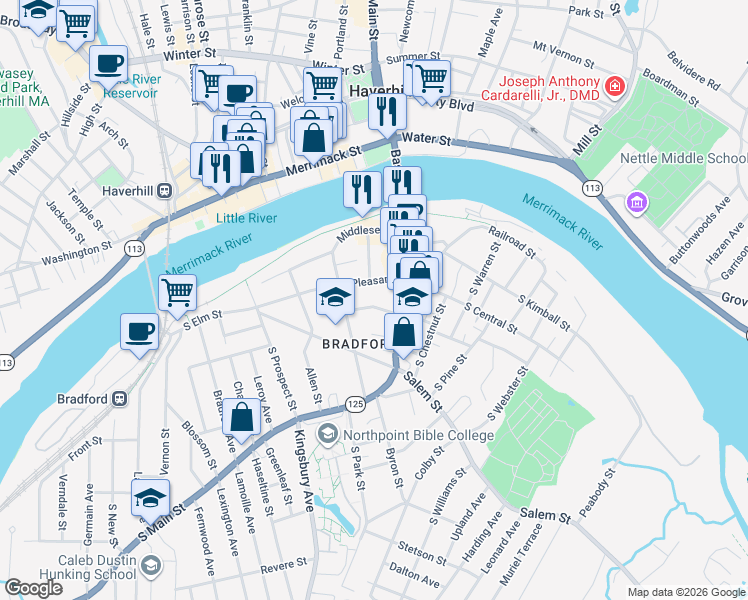 map of restaurants, bars, coffee shops, grocery stores, and more near 6 Carleton Avenue in Haverhill