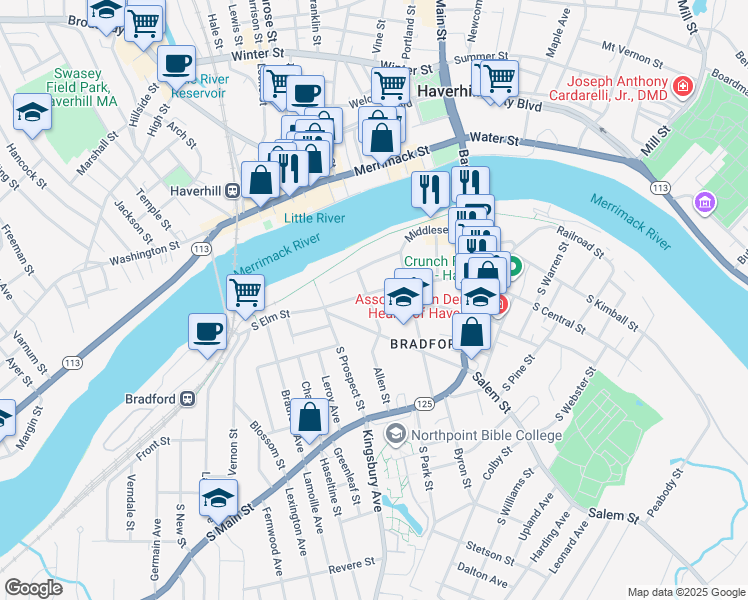 map of restaurants, bars, coffee shops, grocery stores, and more near 14 South Lincoln Street in Haverhill