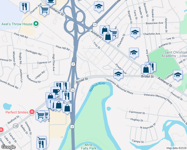 map of restaurants, bars, coffee shops, grocery stores, and more near 88 Broad Street in Nashua
