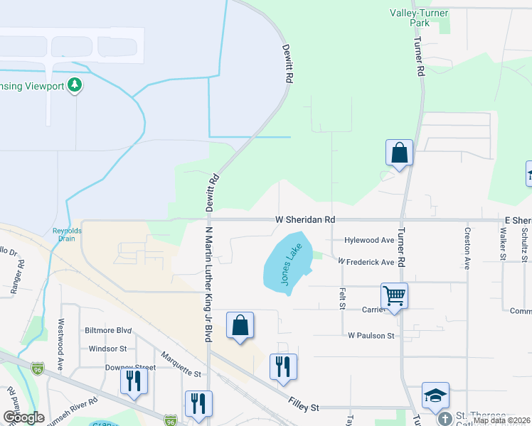 map of restaurants, bars, coffee shops, grocery stores, and more near 714 West Sheridan Road in Lansing