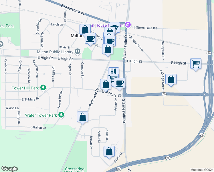 map of restaurants, bars, coffee shops, grocery stores, and more near 641 East Saint Mary Street in Milton