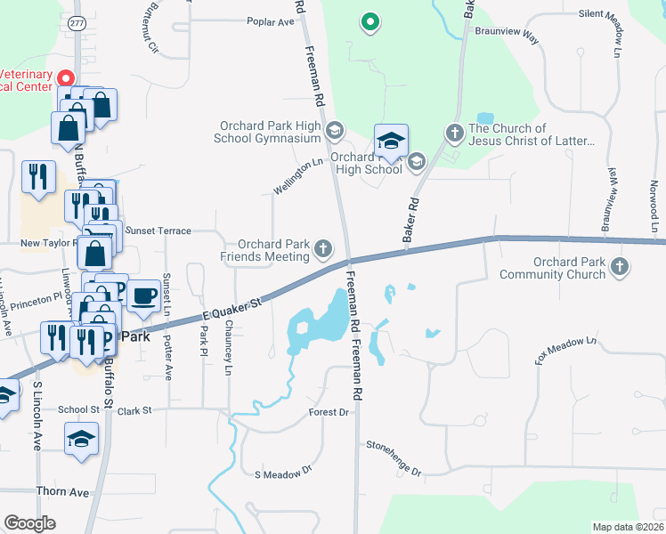 map of restaurants, bars, coffee shops, grocery stores, and more near East Quaker Street in Orchard Park
