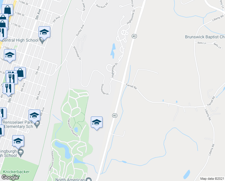 map of restaurants, bars, coffee shops, grocery stores, and more near 17 Stoneledge Drive in Troy