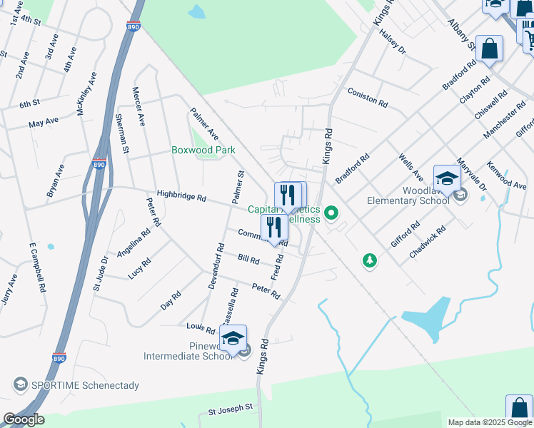 map of restaurants, bars, coffee shops, grocery stores, and more near 1024 Community Road in Schenectady