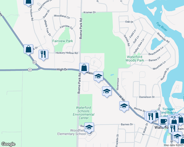 map of restaurants, bars, coffee shops, grocery stores, and more near 921 West Main Street in Waterford
