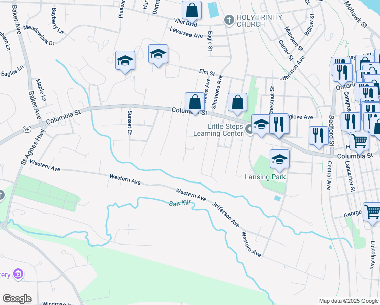 map of restaurants, bars, coffee shops, grocery stores, and more near 121 Columbia Gardens in Cohoes