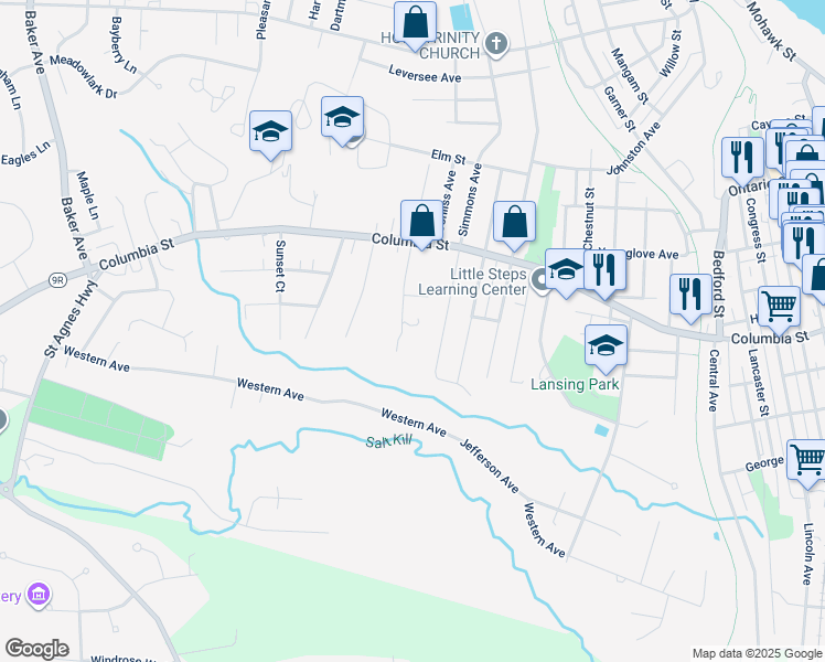 map of restaurants, bars, coffee shops, grocery stores, and more near 121 Columbia Gardens in Cohoes