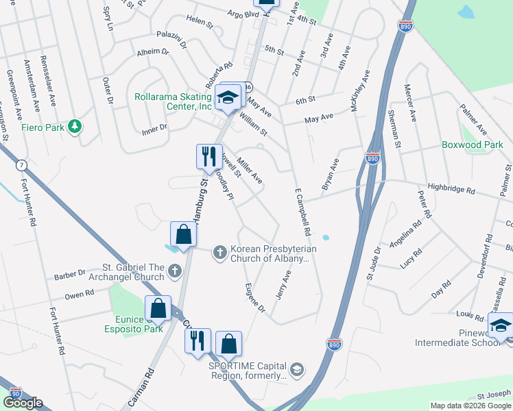 map of restaurants, bars, coffee shops, grocery stores, and more near 320 Howell Street in Schenectady