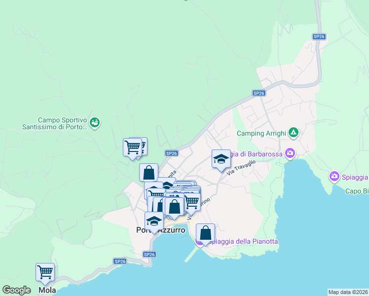 map of restaurants, bars, coffee shops, grocery stores, and more near 28 Via Ilario Zambelli in Porto Azzurro