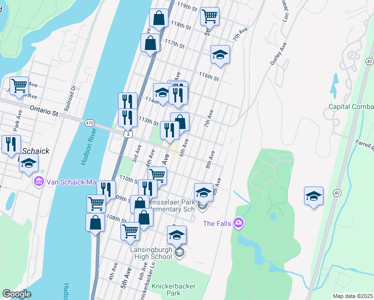 map of restaurants, bars, coffee shops, grocery stores, and more near 466 6th Avenue in Troy