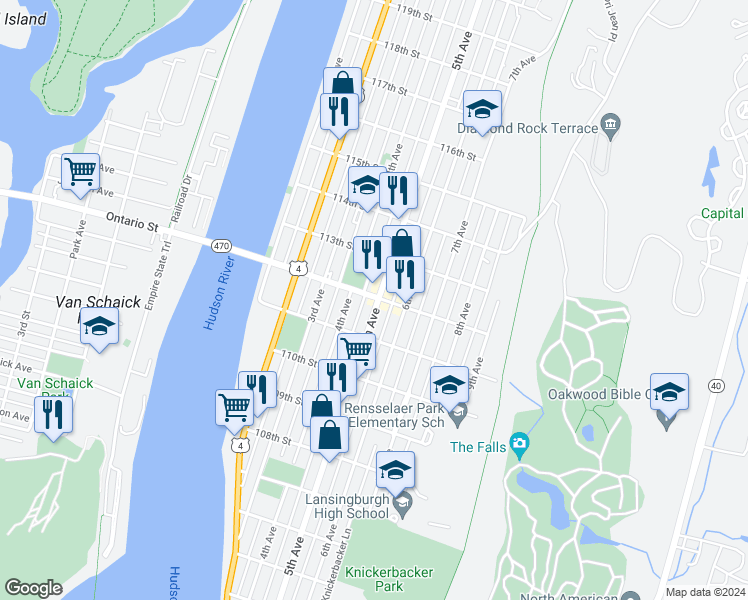 map of restaurants, bars, coffee shops, grocery stores, and more near 454 5th Avenue in Troy