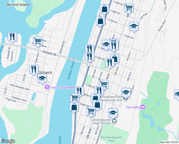 map of restaurants, bars, coffee shops, grocery stores, and more near 15 111th Street in Troy