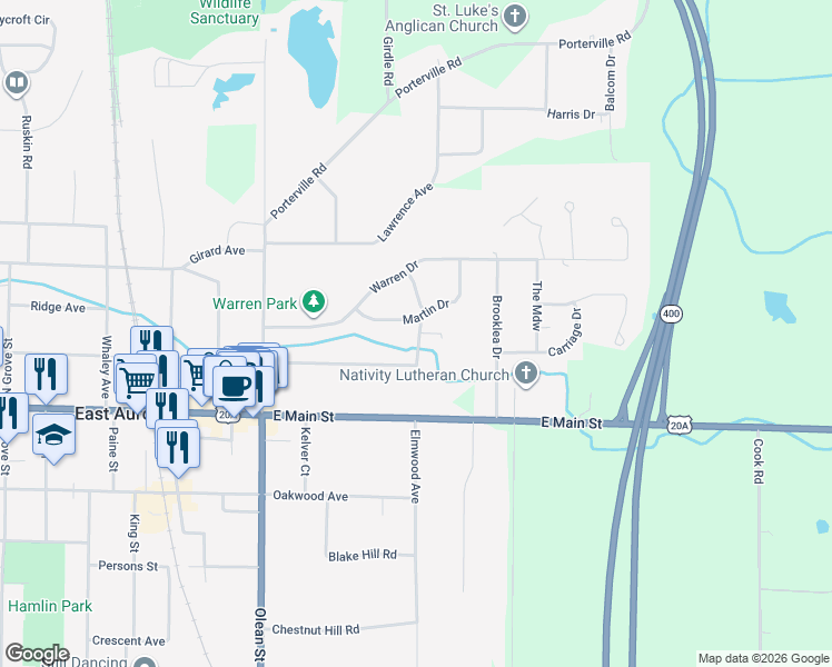 map of restaurants, bars, coffee shops, grocery stores, and more near in East Aurora
