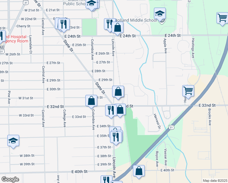 map of restaurants, bars, coffee shops, grocery stores, and more near 745 Lincoln Avenue in Holland