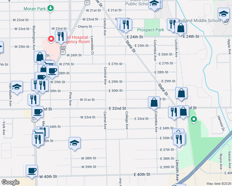 map of restaurants, bars, coffee shops, grocery stores, and more near 751 Central Avenue in Holland
