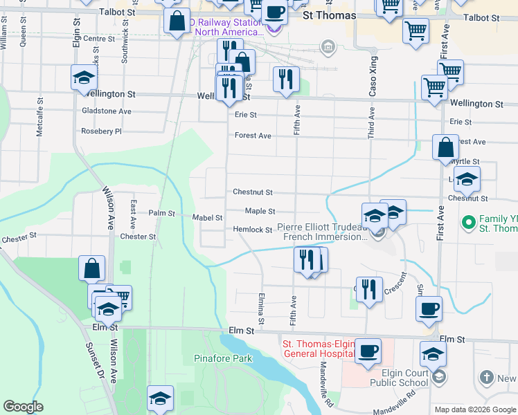 map of restaurants, bars, coffee shops, grocery stores, and more near 24 Maple Street in St. Thomas