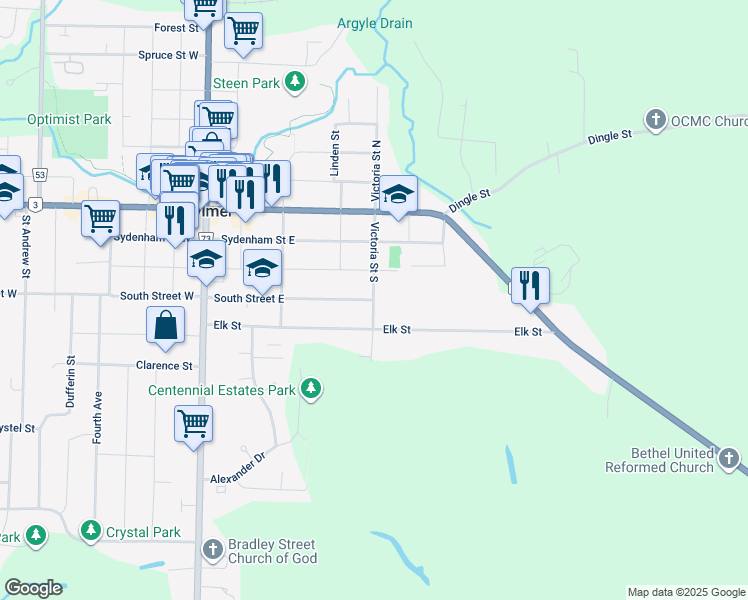 map of restaurants, bars, coffee shops, grocery stores, and more near 49 Victoria Street South in Aylmer