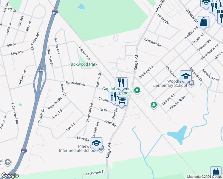 map of restaurants, bars, coffee shops, grocery stores, and more near 1232 Highbridge Road in Schenectady