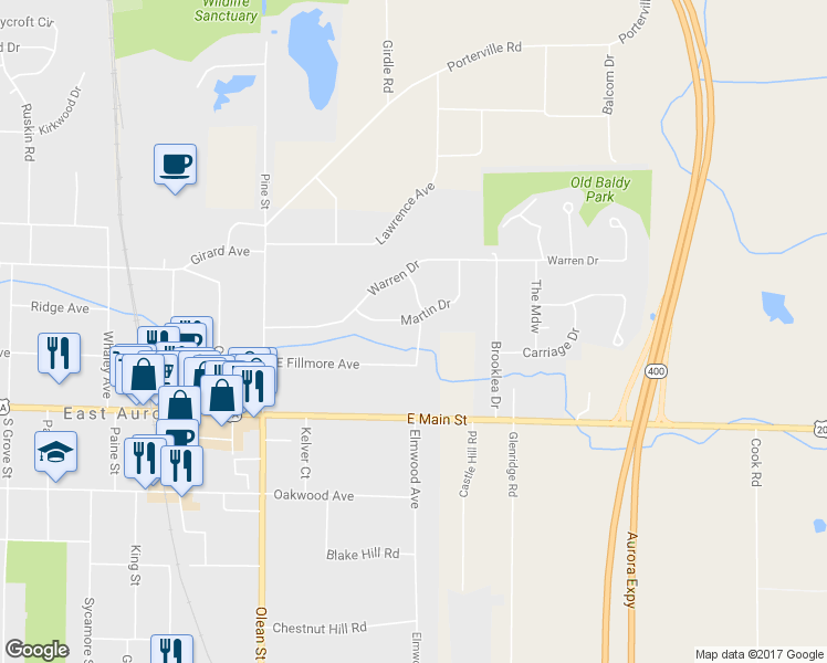 map of restaurants, bars, coffee shops, grocery stores, and more near 791 Martin Drive in East Aurora