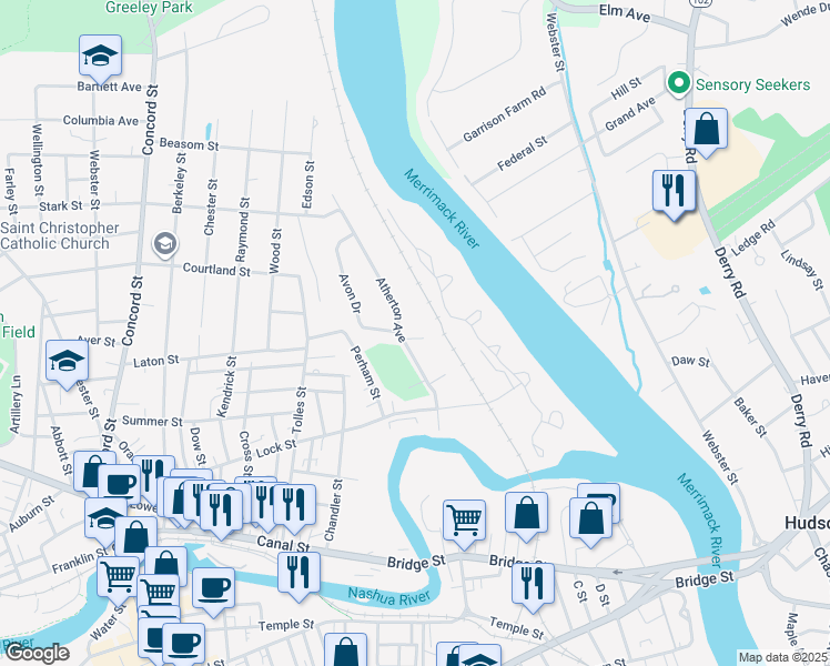 map of restaurants, bars, coffee shops, grocery stores, and more near 2 David Drive in Nashua
