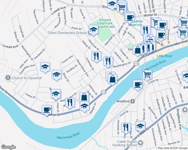 map of restaurants, bars, coffee shops, grocery stores, and more near 433 Washington Street in Haverhill