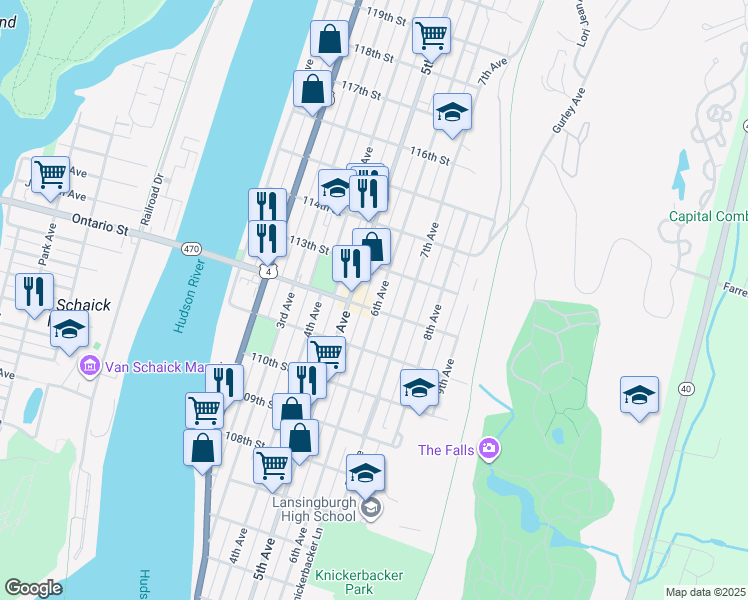 map of restaurants, bars, coffee shops, grocery stores, and more near 466 6th Avenue in Troy