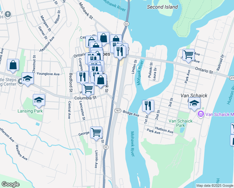 map of restaurants, bars, coffee shops, grocery stores, and more near 213 Saratoga Street in Cohoes